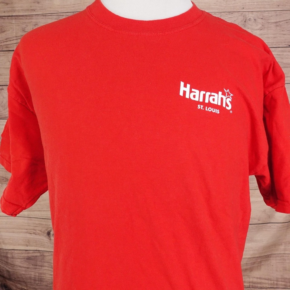 Harrahs St Louis Shirt Mens XL Red Casino Graphic Tee Gildan Cotton Promo
